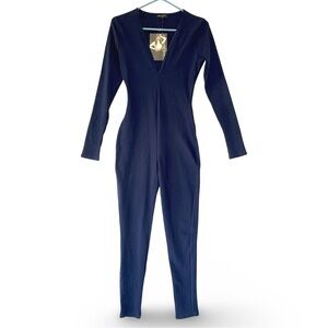 Naked Wardrobe Navy Ribbed V-Neck Jumpsuit
